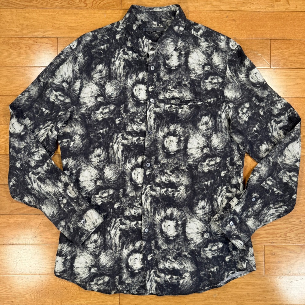 John Varvatos Mens Black White Abstract Floral Swirl 100% Linen Shirt M W621Y1